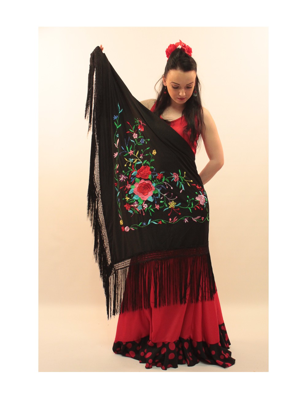 A la verdad Motear amortiguar Accesorios flamenco/sevillanas mantón grande negro bordado multicolor